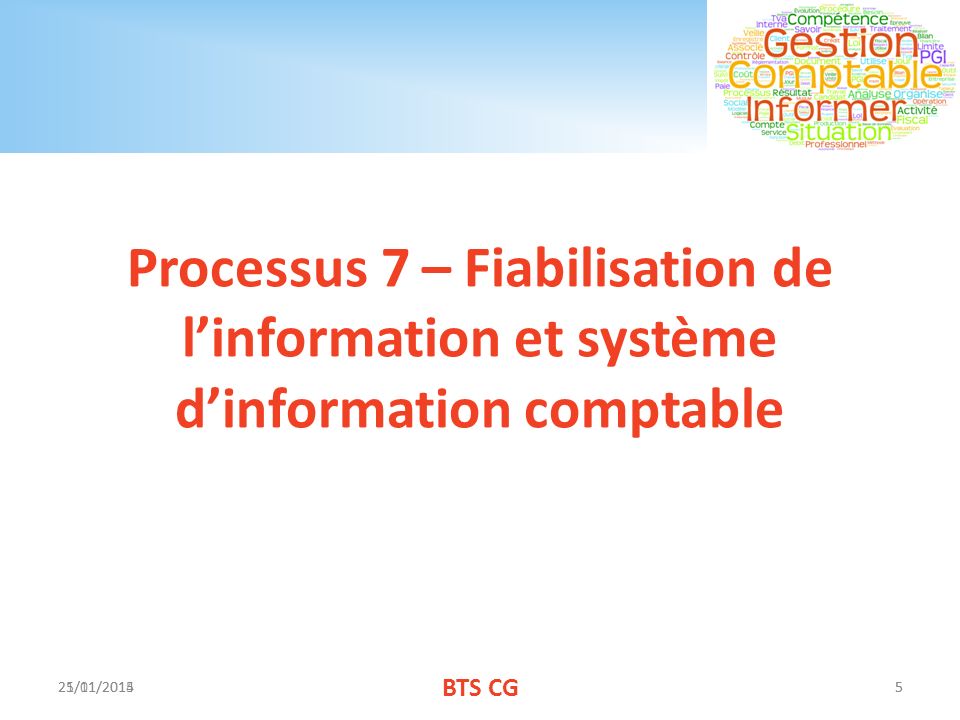 21/01/20155 Processus 7 – Fiabilisation de l’information et système d’information comptable 25/11/2014 BTS CG 5