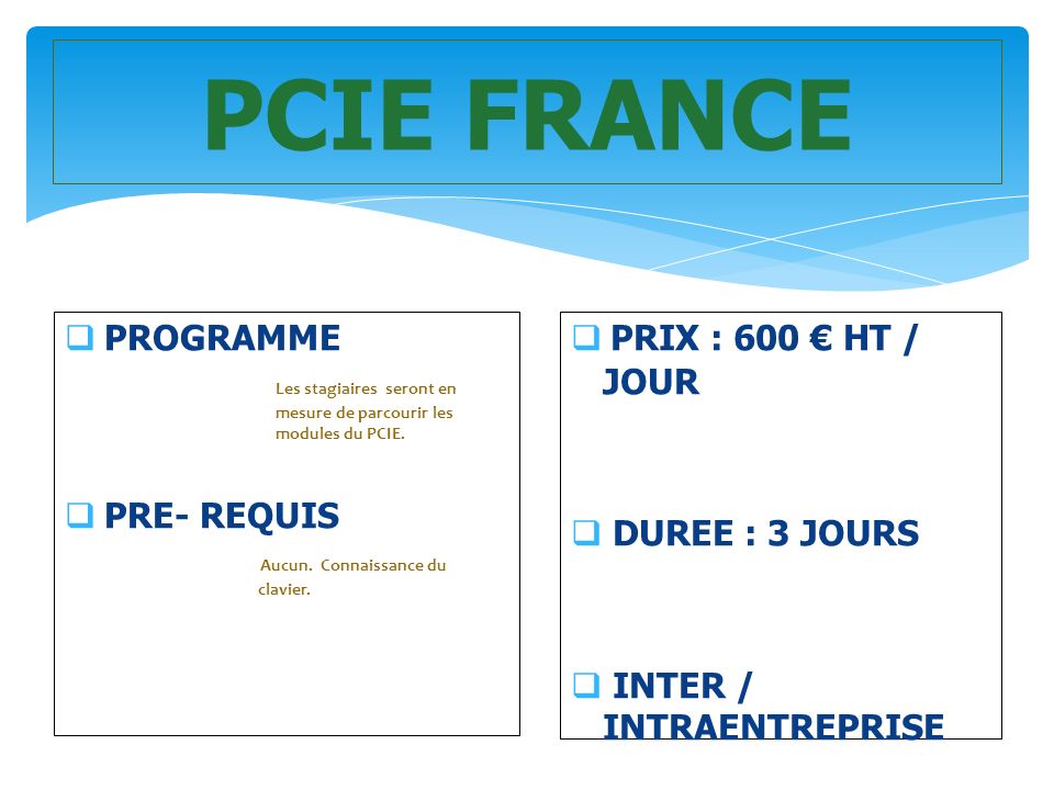 PCIE FRANCE  PROGRAMME Les stagiaires seront en mesure de parcourir les modules du PCIE.