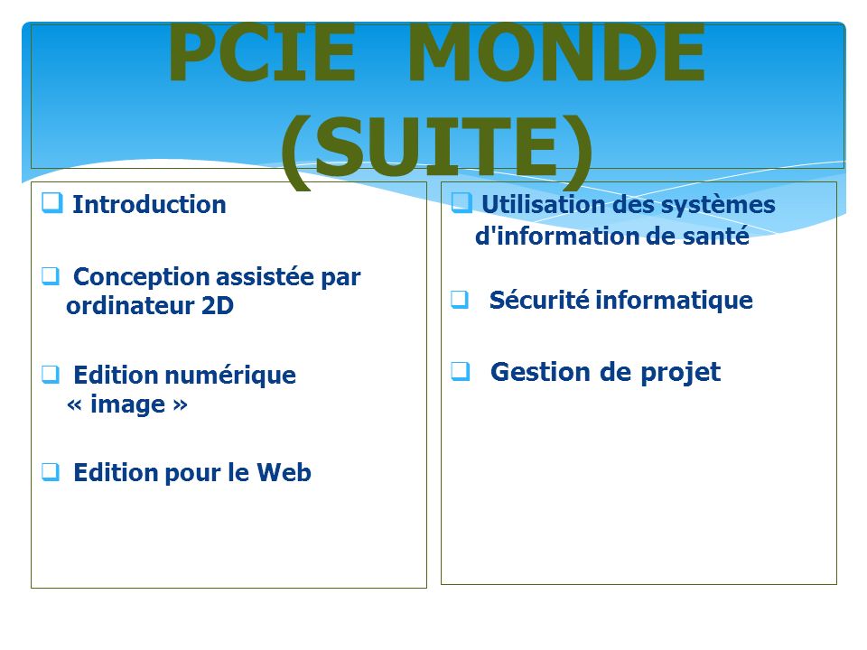 PCIE MONDE (SUITE)  Introduction  Conception assistée par ordinateur 2D  Edition numérique « image »  Edition pour le Web  Utilisation des systèmes d information de santé  Sécurité informatique  Gestion de projet