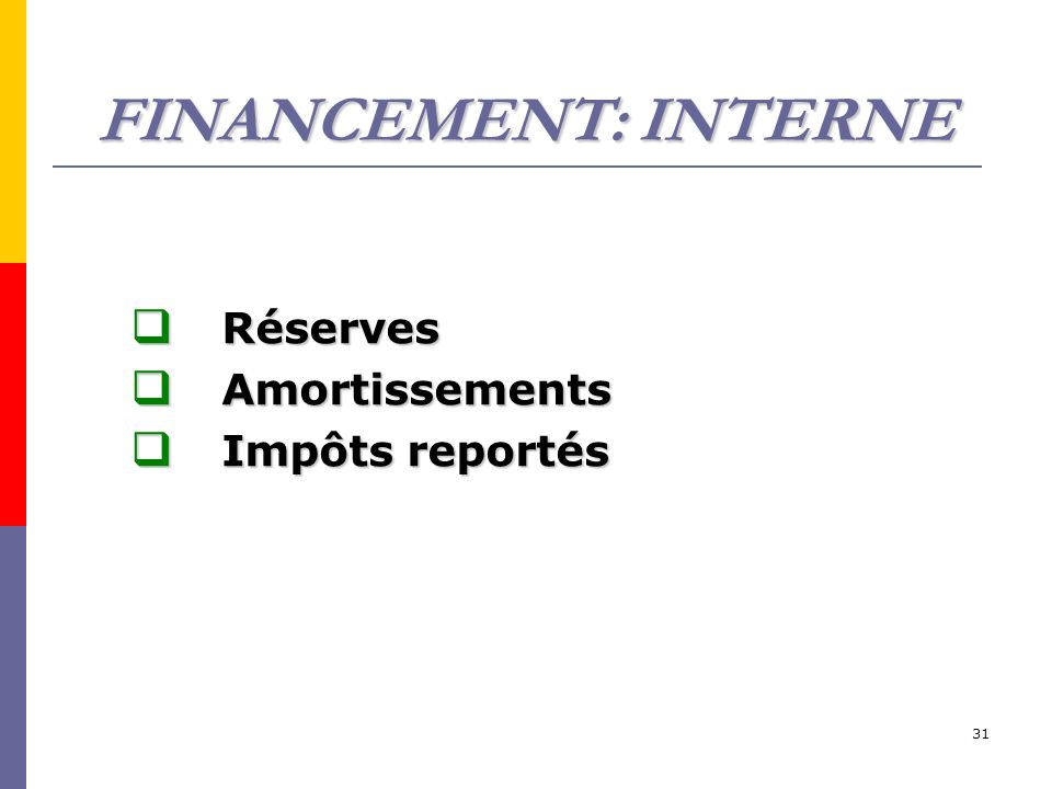 31 FINANCEMENT: INTERNE  Réserves  Amortissements  Impôts reportés