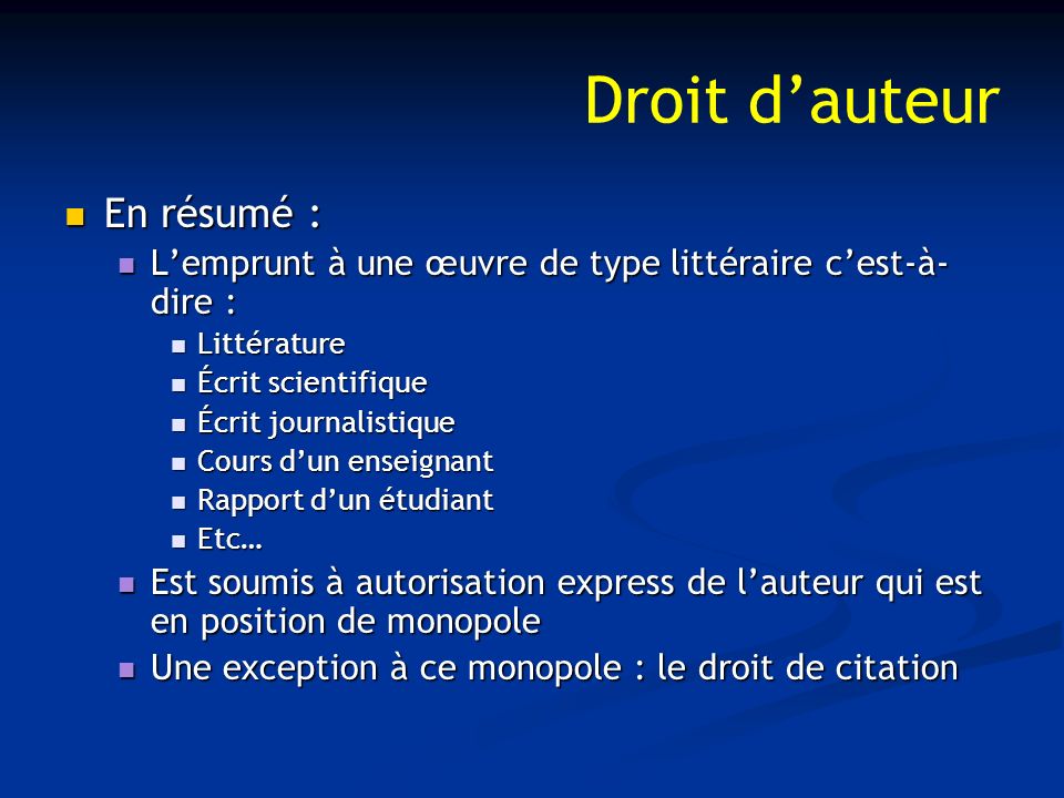 Propriete Intellectuelle Et Artistique Droit D Auteur Droit De Citation Exploitation Des Sources Bibliographiques Des Extraits De Livres De Revues Ppt Telecharger