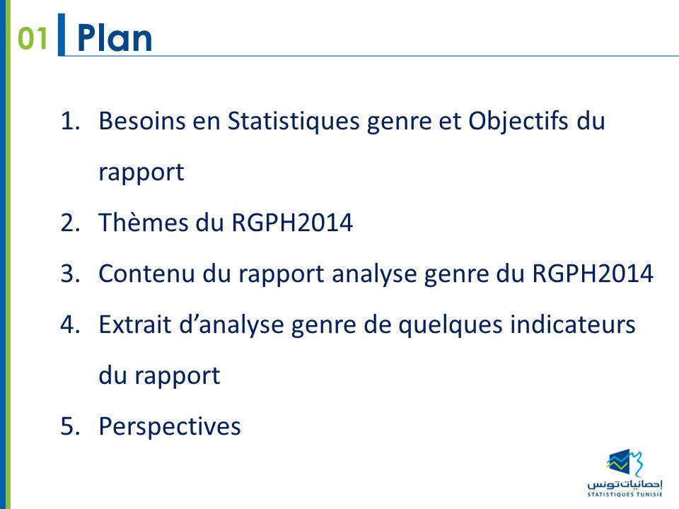 01 Plan 1.Besoins en Statistiques genre et Objectifs du rapport 2.Thèmes du RGPH Contenu du rapport analyse genre du RGPH Extrait d’analyse genre de quelques indicateurs du rapport 5.Perspectives
