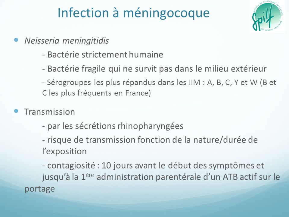 Infection à méningocoque Neisseria meningitidis - Bactérie strictement humaine - Bactérie fragile qui ne survit pas dans le milieu extérieur - Sérogroupes les plus répandus dans les IIM : A, B, C, Y et W (B et C les plus fréquents en France) Transmission - par les sécrétions rhinopharyngées - risque de transmission fonction de la nature/durée de l’exposition - contagiosité : 10 jours avant le début des symptômes et jusqu’à la 1 ère administration parentérale d’un ATB actif sur le portage