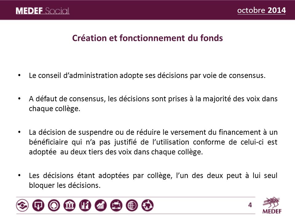 octobre 2014 Création et fonctionnement du fonds Le conseil d’administration adopte ses décisions par voie de consensus.