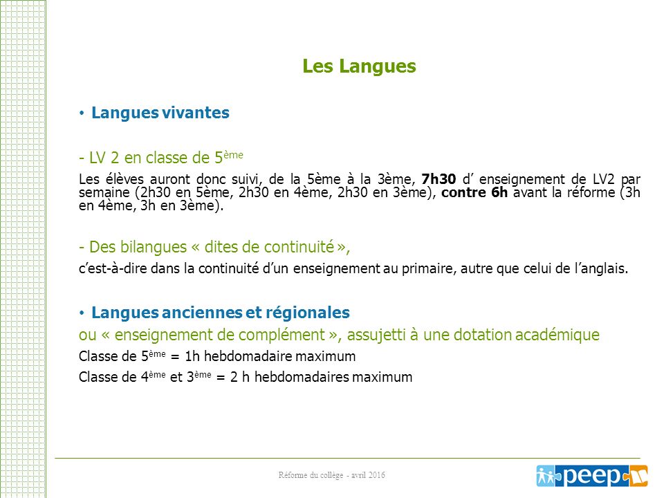 Les Langues Langues vivantes - LV 2 en classe de 5 ème Les élèves auront donc suivi, de la 5ème à la 3ème, 7h30 d’ enseignement de LV2 par semaine (2h30 en 5ème, 2h30 en 4ème, 2h30 en 3ème), contre 6h avant la réforme (3h en 4ème, 3h en 3ème).