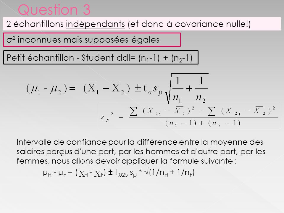 Intervalle de confiance pour la différence entre la moyenne des salaires perçus d une part, par les hommes et d autre part, par les femmes, nous allons devoir appliquer la formule suivante : μ H - μ F = ( H - F ) ± t.025 s p * √(1/n H + 1/n F ) 2 échantillons indépendants (et donc à covariance nulle!) σ² inconnues mais supposées égales Petit échantillon - Student ddl= (n 1 -1) + (n 2 -1)