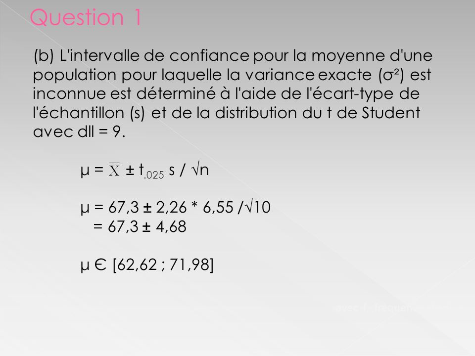 avec f i fréquence absolue (b) L intervalle de confiance pour la moyenne d une population pour laquelle la variance exacte (σ²) est inconnue est déterminé à l aide de l écart-type de l échantillon (s) et de la distribution du t de Student avec dll = 9.