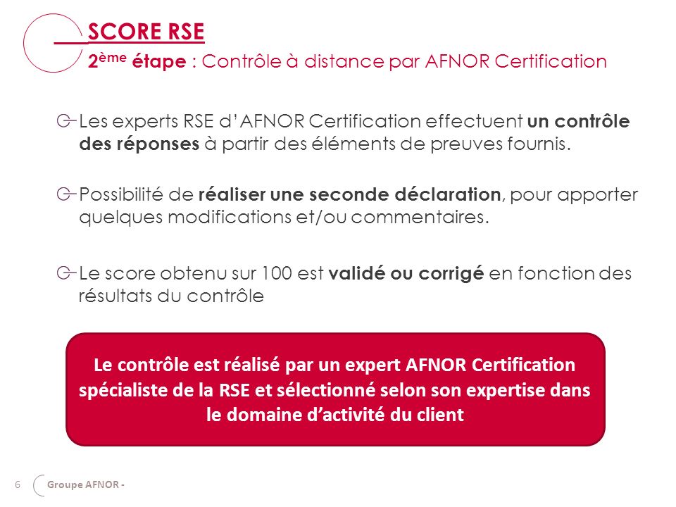 6 Groupe AFNOR - SCORE RSE Les experts RSE d’AFNOR Certification effectuent un contrôle des réponses à partir des éléments de preuves fournis.
