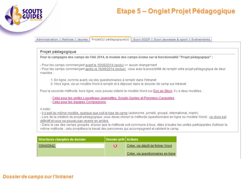 Etape 5 – Onglet Projet Pédagogique Dossier de camps sur l’intranet