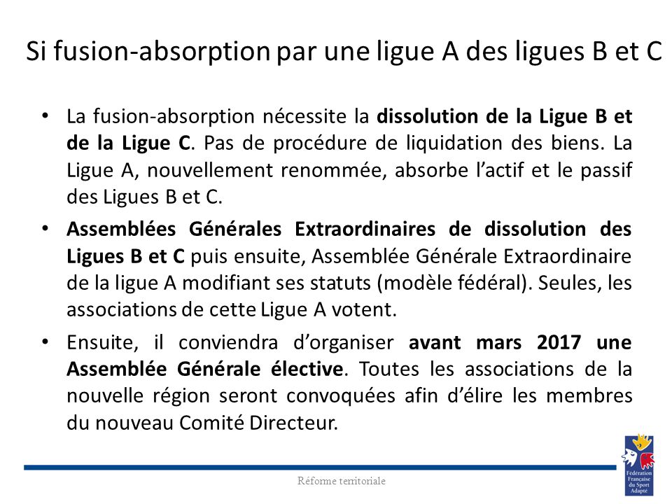 Si fusion-absorption par une ligue A des ligues B et C En collaboration quotidienne avec La fusion-absorption nécessite la dissolution de la Ligue B et de la Ligue C.
