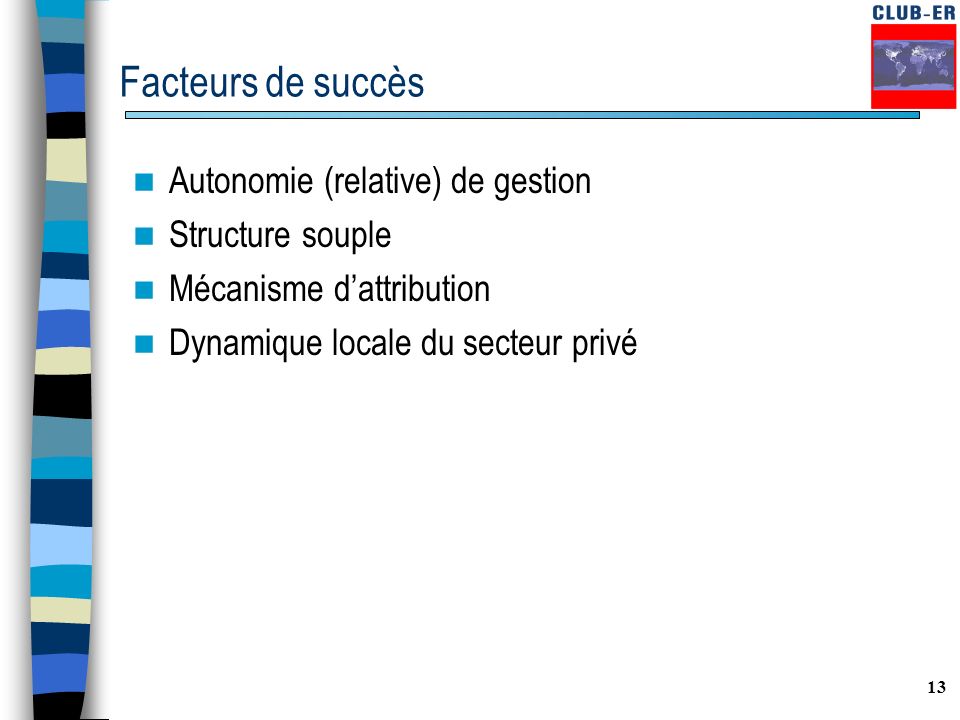 13 Facteurs de succès Autonomie (relative) de gestion Structure souple Mécanisme d’attribution Dynamique locale du secteur privé