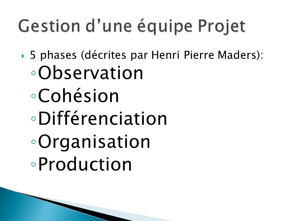  5 phases (décrites par Henri Pierre Maders): ◦ Observation ◦ Cohésion ◦ Différenciation ◦ Organisation ◦ Production