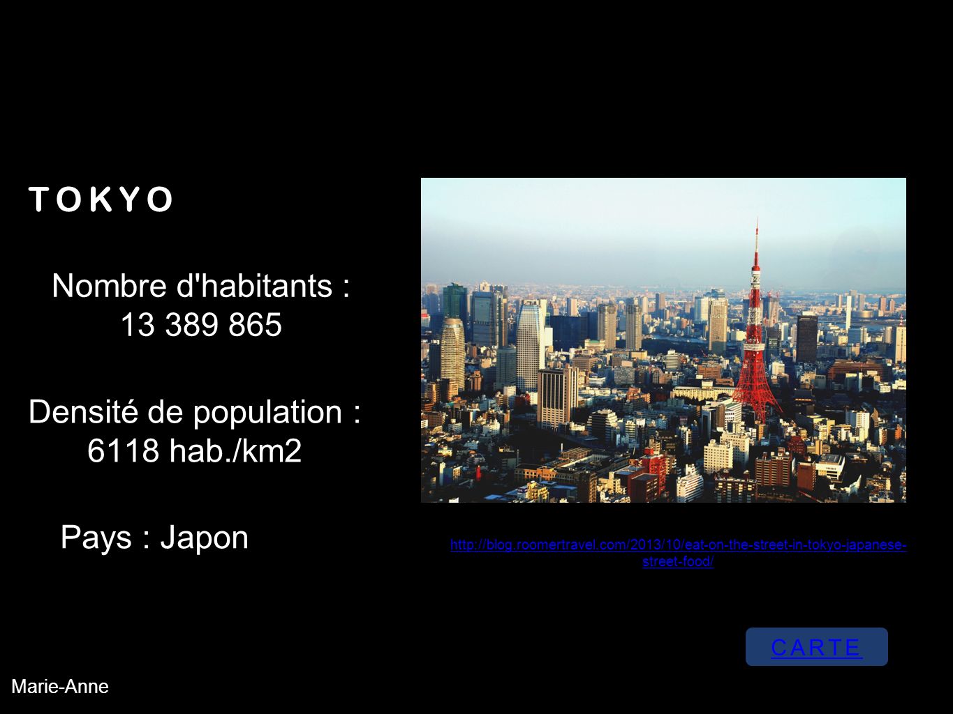 TOKYO Pays : Japon Densité de population : 6118 hab./km2 Nombre d habitants : Marie-Anne   street-food/ CARTE