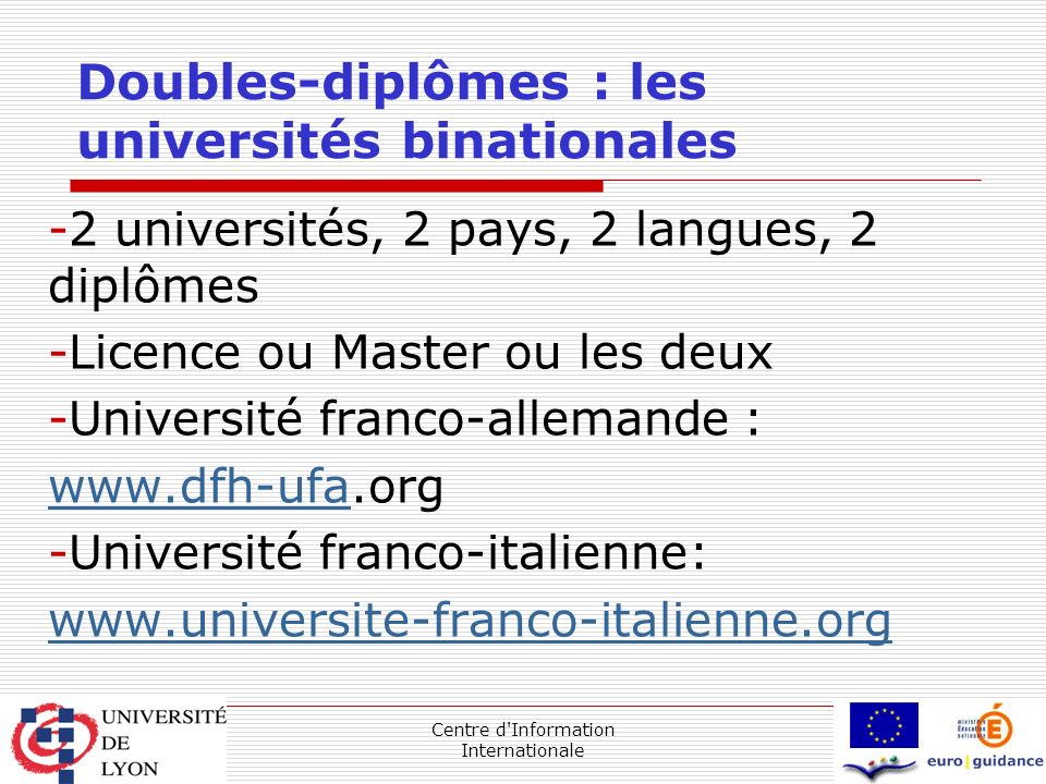 Centre d Information Internationale Doubles-diplômes : les universités binationales -2 universités, 2 pays, 2 langues, 2 diplômes -Licence ou Master ou les deux -Université franco-allemande :   -Université franco-italienne: