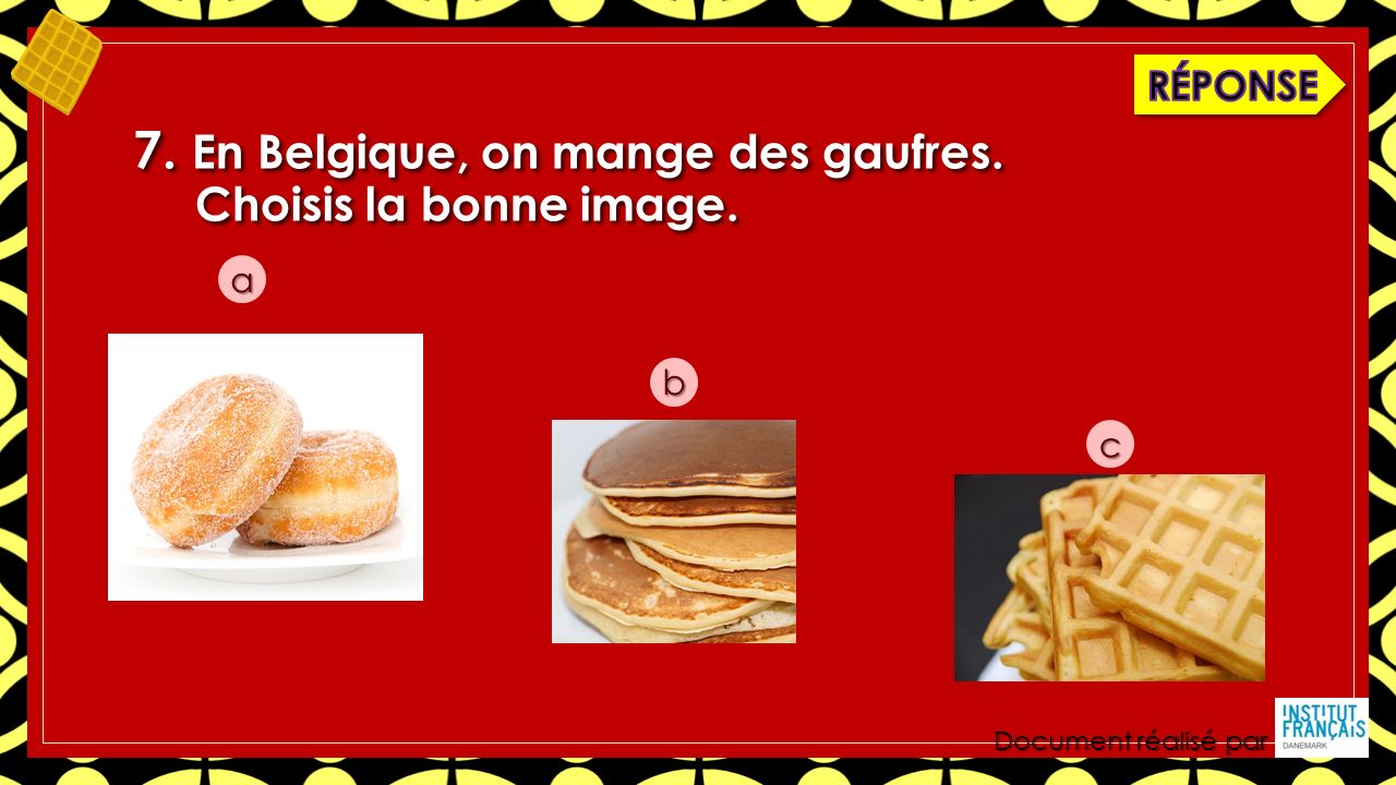 Document réalisé par 7. En Belgique, on mange des gaufres. Choisis la bonne image. a b c