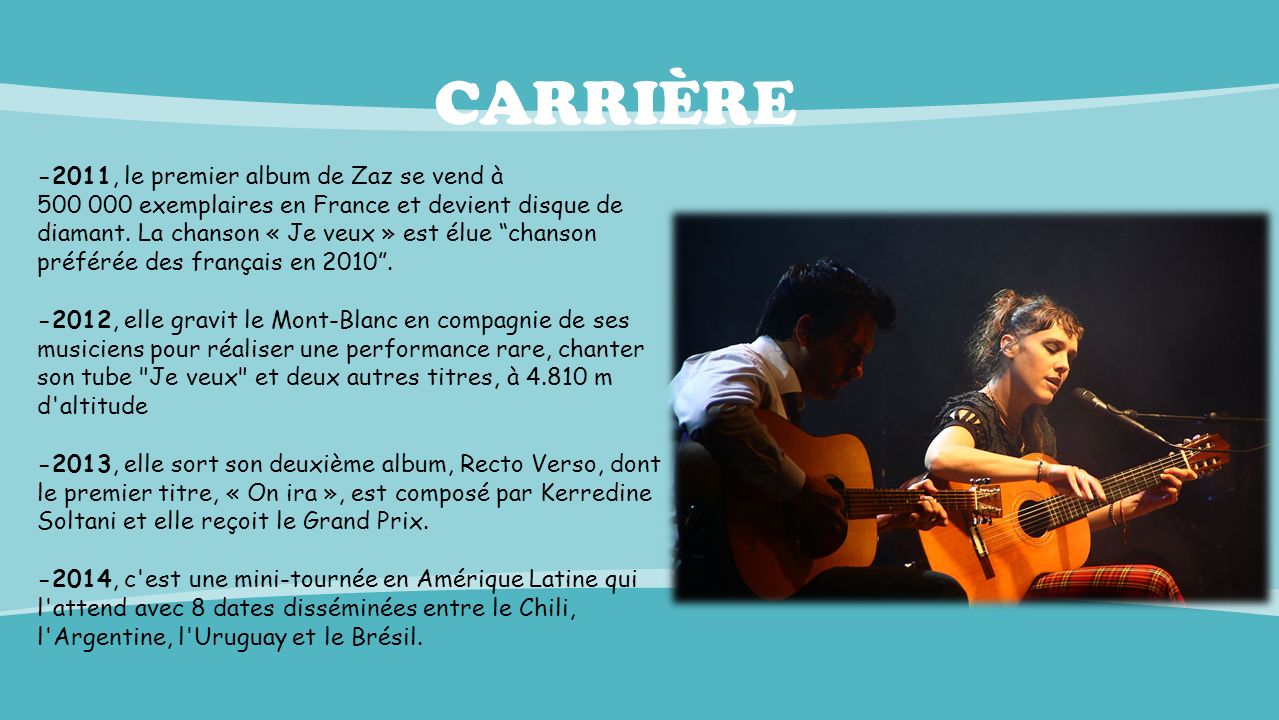 CARRIÈRE -2011, le premier album de Zaz se vend à exemplaires en France et devient disque de diamant.
