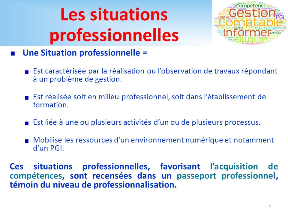 Les situations professionnelles Une Situation professionnelle = Est caractérisée par la réalisation ou l’observation de travaux répondant à un problème de gestion.