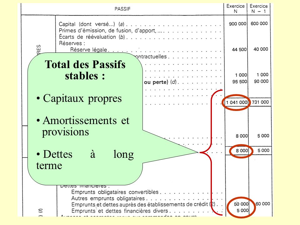 Total des Passifs stables : Capitaux propres Amortissements et provisions Dettes à long terme