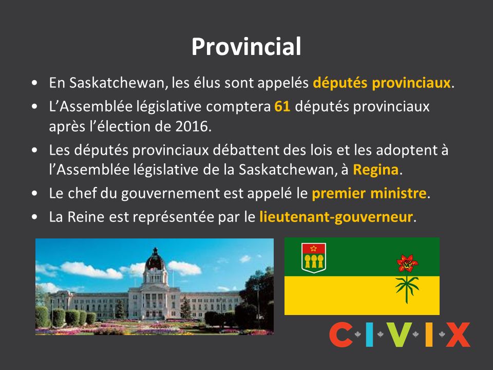 Provincial En Saskatchewan, les élus sont appelés députés provinciaux.