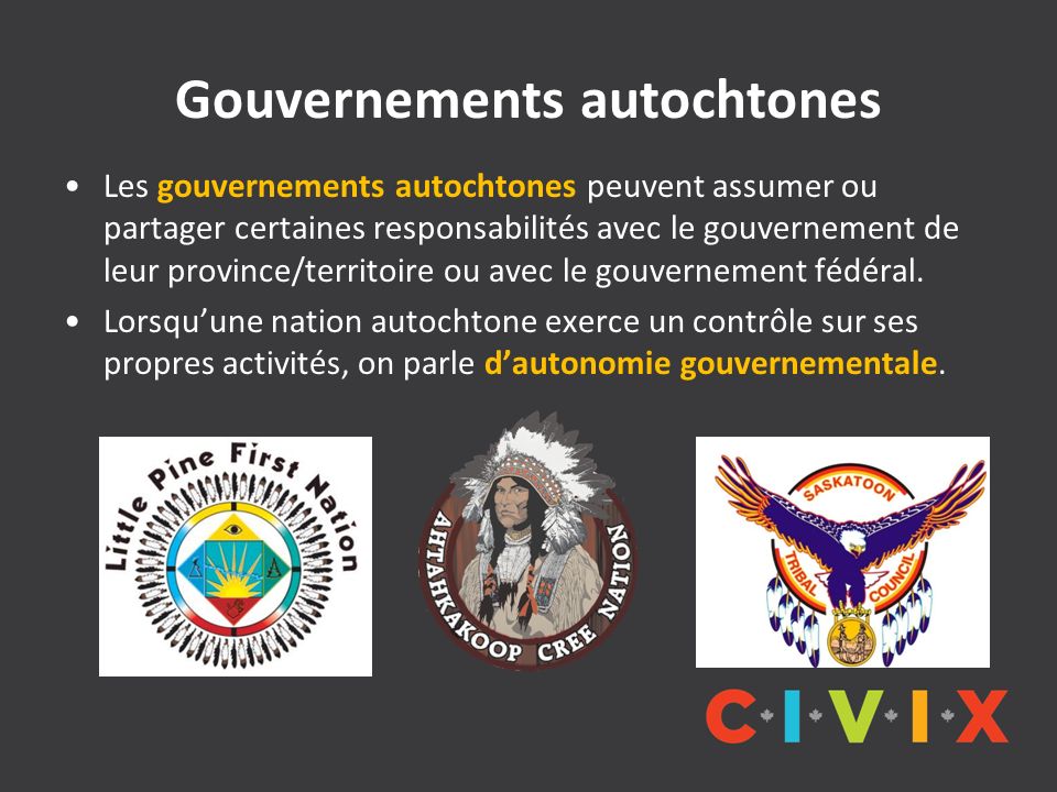 Gouvernements autochtones Les gouvernements autochtones peuvent assumer ou partager certaines responsabilités avec le gouvernement de leur province/territoire ou avec le gouvernement fédéral.