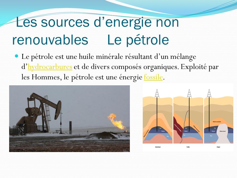 Les sources d’énergie non renouvelables Le pétrole Le gaz naturel Le charbon L’énergie fissile ou nucléaire