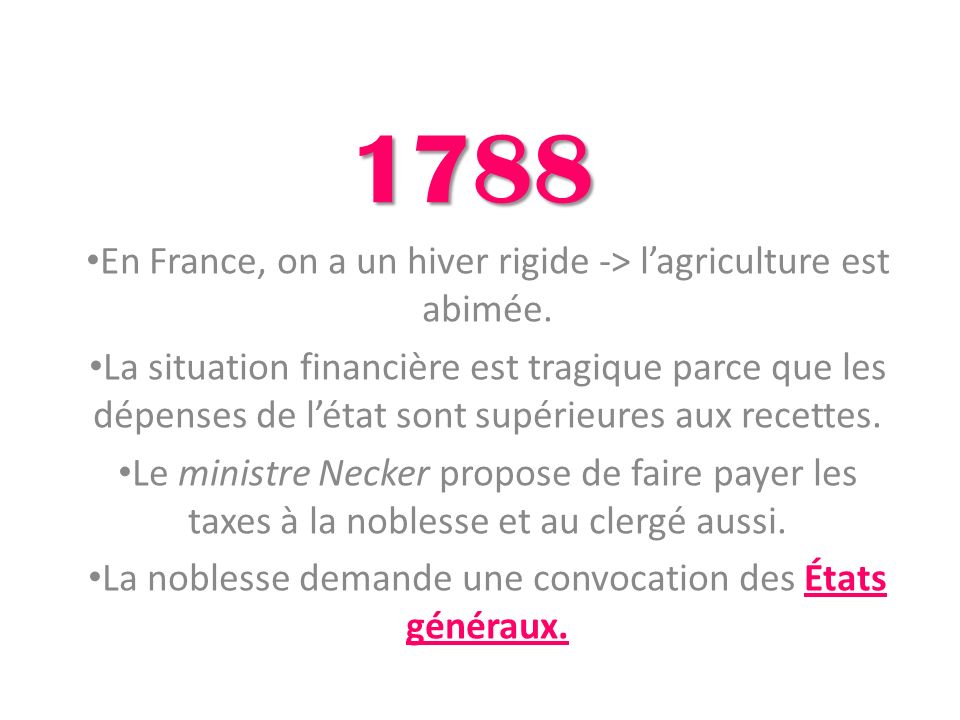 1788 En France, on a un hiver rigide -> l’agriculture est abimée.