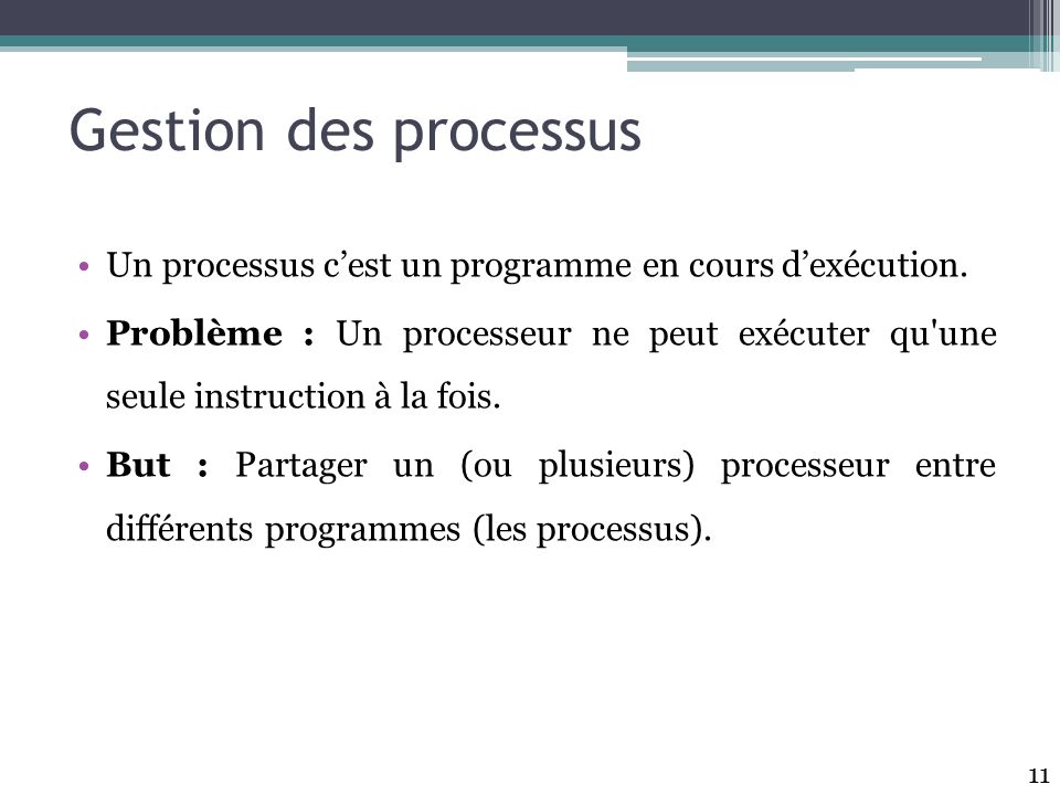 Gestion des processus Un processus c’est un programme en cours d’exécution.
