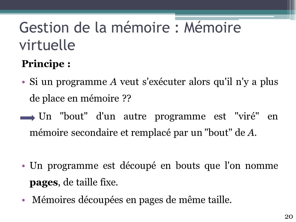 Gestion de la mémoire : Mémoire virtuelle Principe : Si un programme A veut s exécuter alors qu il n y a plus de place en mémoire .