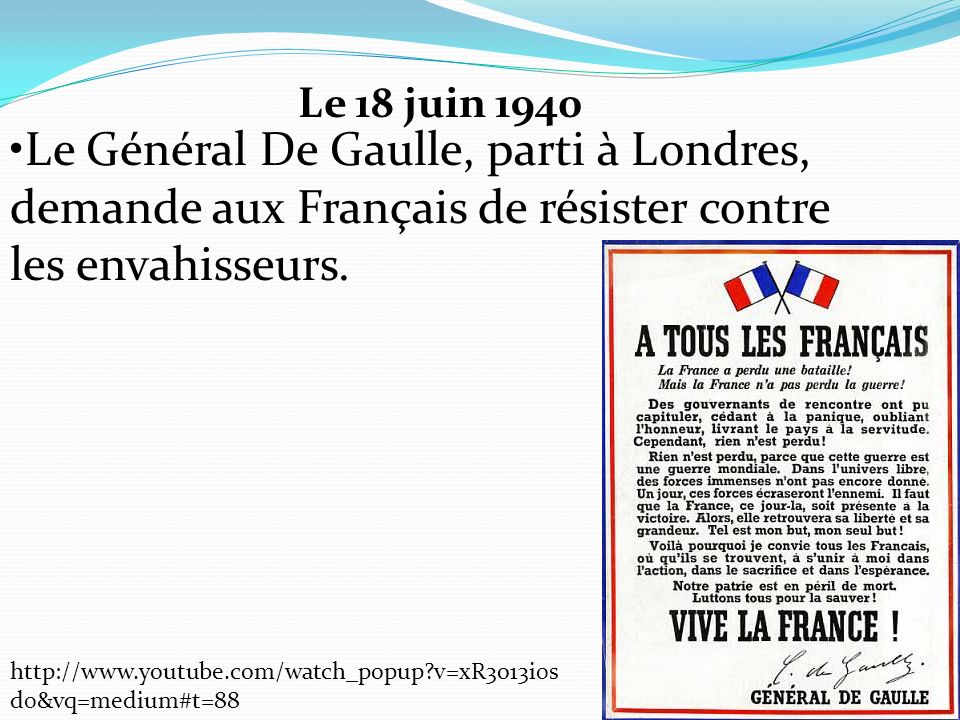 Le Général De Gaulle, parti à Londres, demande aux Français de résister contre les envahisseurs.