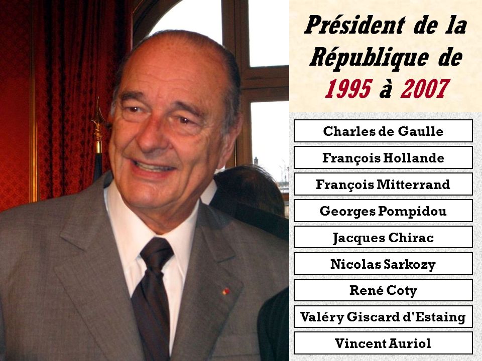 Président de la République de 1981 à 1995 François Hollande François Mitterrand Georges Pompidou Jacques Chirac Nicolas Sarkozy René Coty Valéry Giscard d Estaing Vincent Auriol Charles de Gaulle