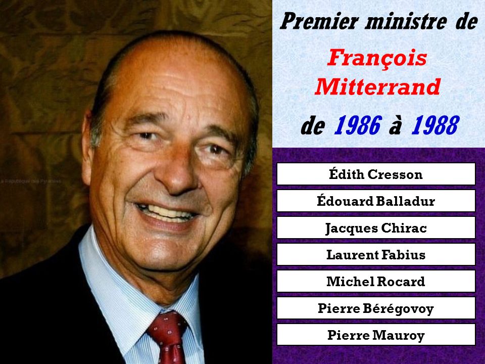 Édouard Balladur Jacques Chirac Laurent Fabius Michel Rocard Pierre Bérégovoy Pierre Mauroy Édith Cresson de 1984 à 1986 Premier ministre de François Mitterrand