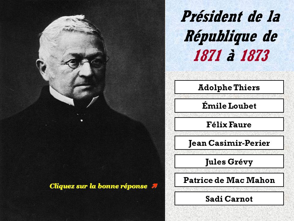Première Partie Les Présidents de la Troisième République Cliquez pour continuer Thiers Casimir-Perier Grévy FaureLoubet Mac MahonCarnot 1899 à à à à à à à 1873