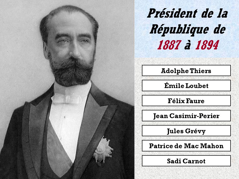 Patrice de Mac Mahon Jules Grévy Président de la République de 1879 à 1887 Adolphe Thiers Sadi Carnot Jean Casimir-Perier Félix Faure Émile Loubet