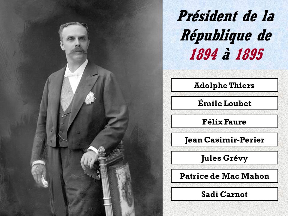 Patrice de Mac Mahon Jules Grévy Président de la République de 1887 à 1894 Adolphe Thiers Sadi Carnot Jean Casimir-Perier Félix Faure Émile Loubet
