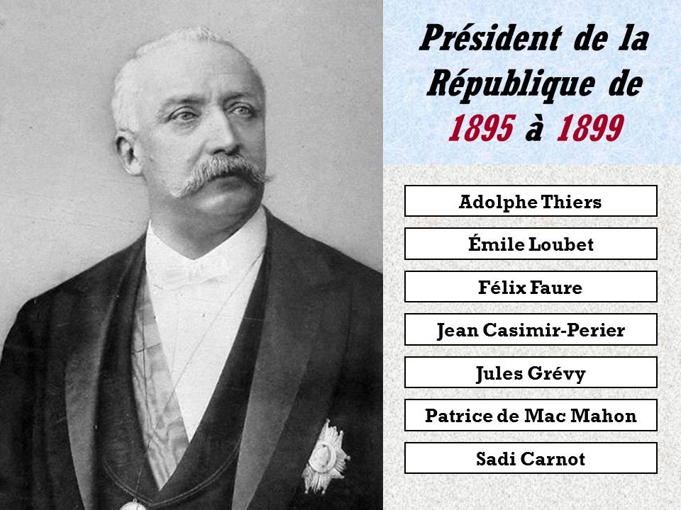 Patrice de Mac Mahon Jules Grévy Président de la République de 1894 à 1895 Adolphe Thiers Sadi Carnot Jean Casimir-Perier Félix Faure Émile Loubet