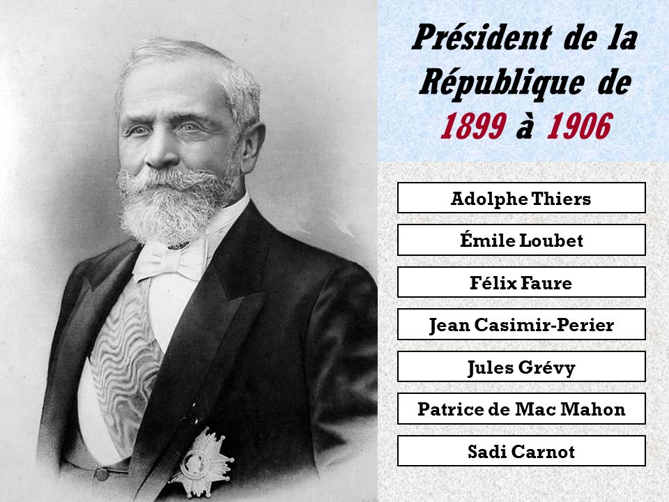 Patrice de Mac Mahon Jules Grévy Président de la République de 1895 à 1899 Adolphe Thiers Sadi Carnot Jean Casimir-Perier Félix Faure Émile Loubet