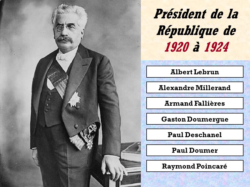 Albert Lebrun Alexandre Millerand Armand Fallières Raymond Poincaré Paul Deschanel Gaston Doumergue Paul Doumer Président de la République de 1920 à 1920
