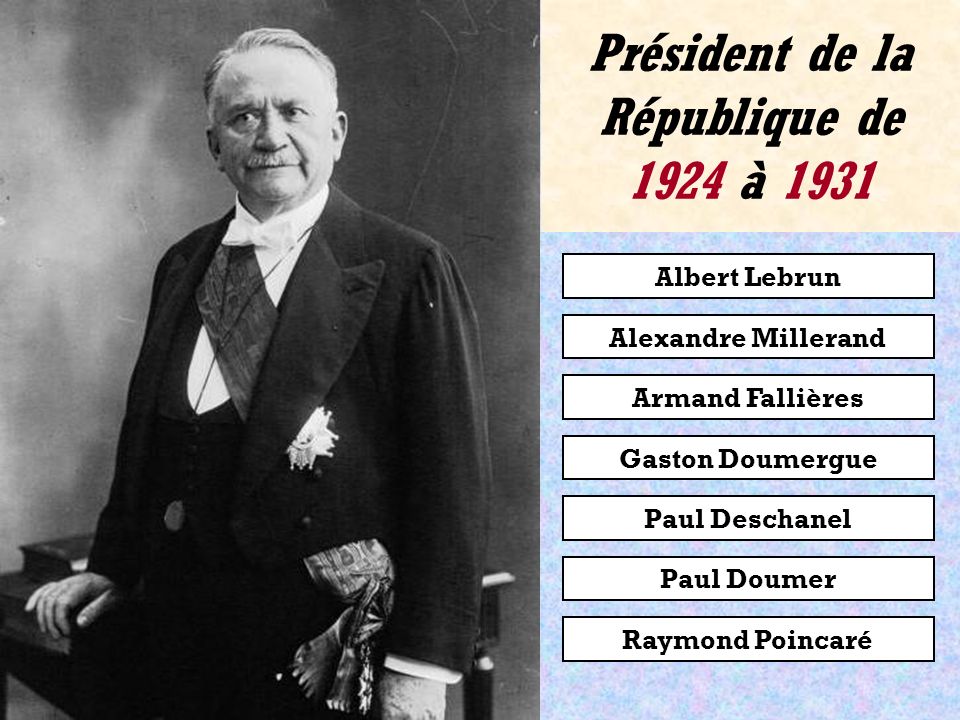 Albert Lebrun Alexandre Millerand Armand Fallières Raymond Poincaré Paul Deschanel Gaston Doumergue Paul Doumer Président de la République de 1920 à 1924