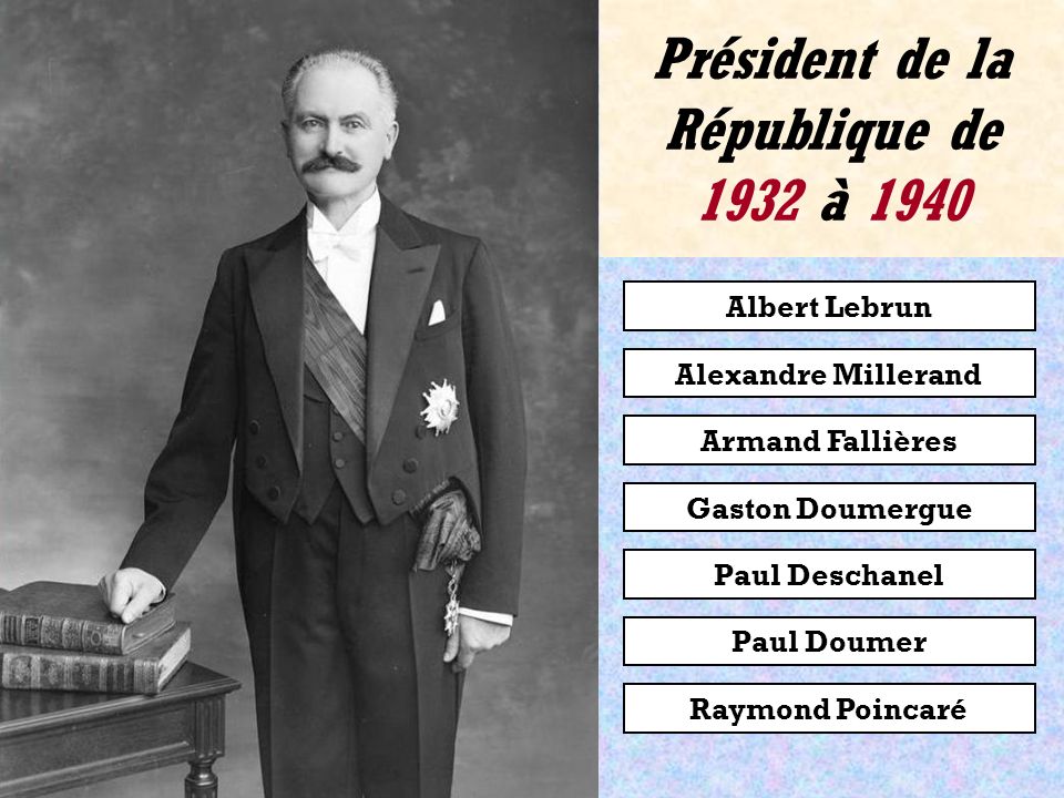 Albert Lebrun Alexandre Millerand Armand Fallières Raymond Poincaré Paul Deschanel Gaston Doumergue Paul Doumer Président de la République de 1931 à 1932
