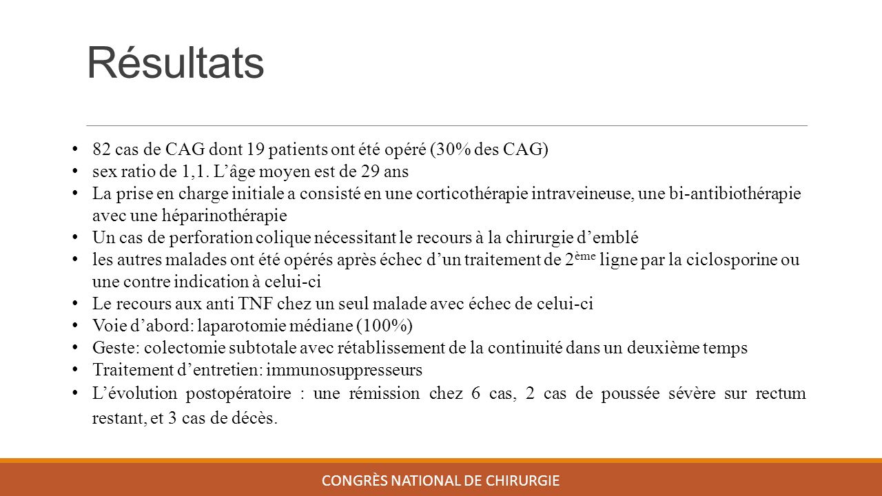 Résultats CONGRÈS NATIONAL DE CHIRURGIE 82 cas de CAG dont 19 patients ont été opéré (30% des CAG) sex ratio de 1,1.