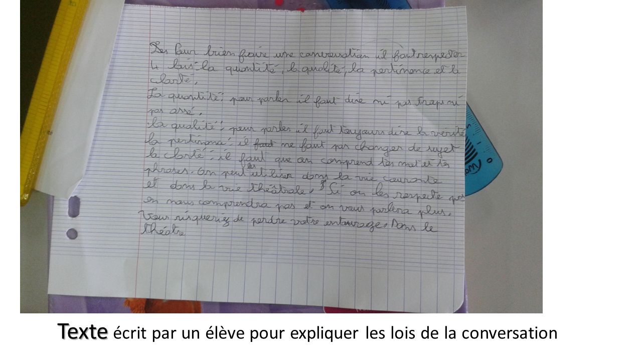 Texte Texte écrit par un élève pour expliquer les lois de la conversation