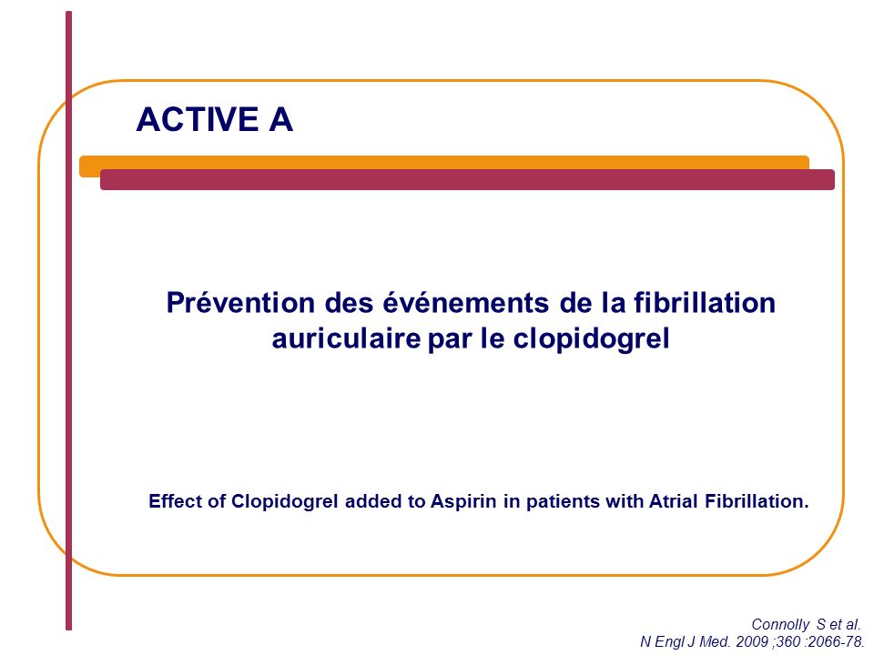ACTIVE A Prévention des événements de la fibrillation auriculaire par le clopidogrel Effect of Clopidogrel added to Aspirin in patients with Atrial Fibrillation.
