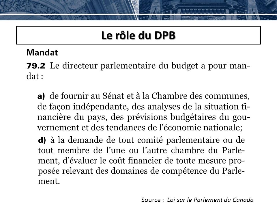 Le rôle du DPB Source : Loi sur le Parlement du Canada