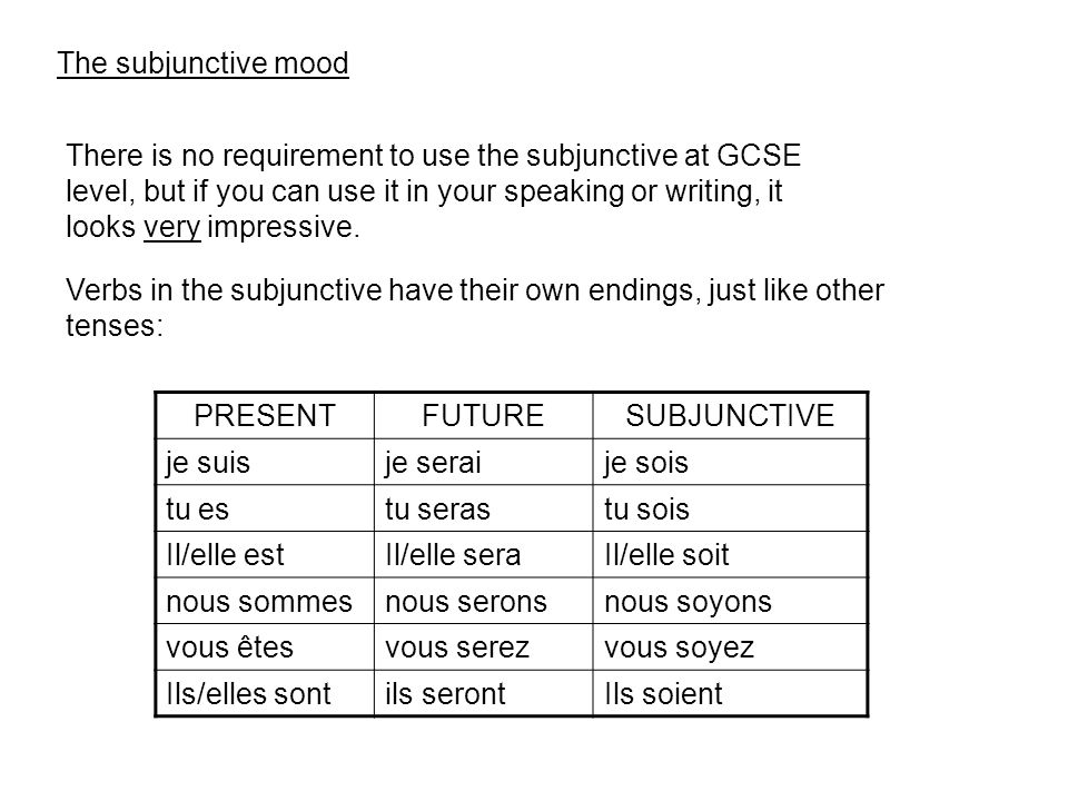 The subjunctive mood There is no requirement to use the subjunctive at GCSE level, but if you can use it in your speaking or writing, it looks very impressive.
