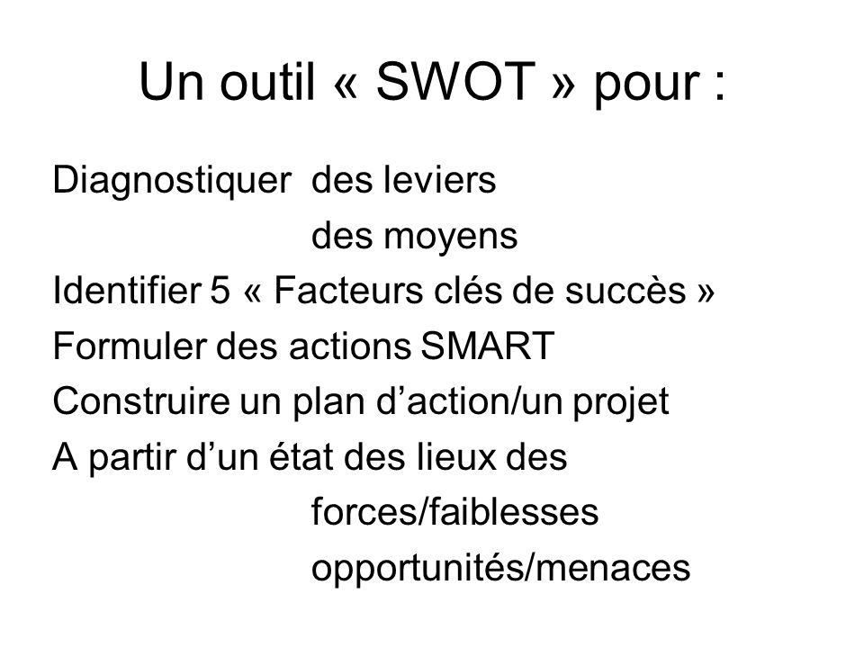 Un outil « SWOT » pour : Diagnostiquer des leviers des moyens Identifier 5 « Facteurs clés de succès » Formuler des actions SMART Construire un plan d’action/un projet A partir d’un état des lieux des forces/faiblesses opportunités/menaces