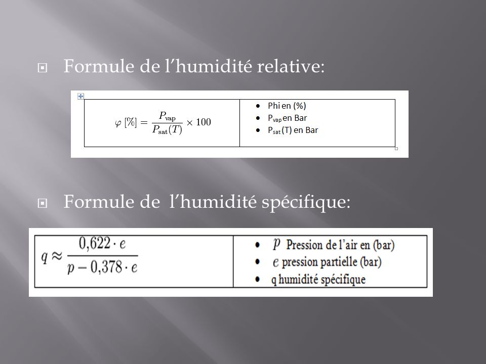  Formule de l’humidité relative:  Formule de l’humidité spécifique: