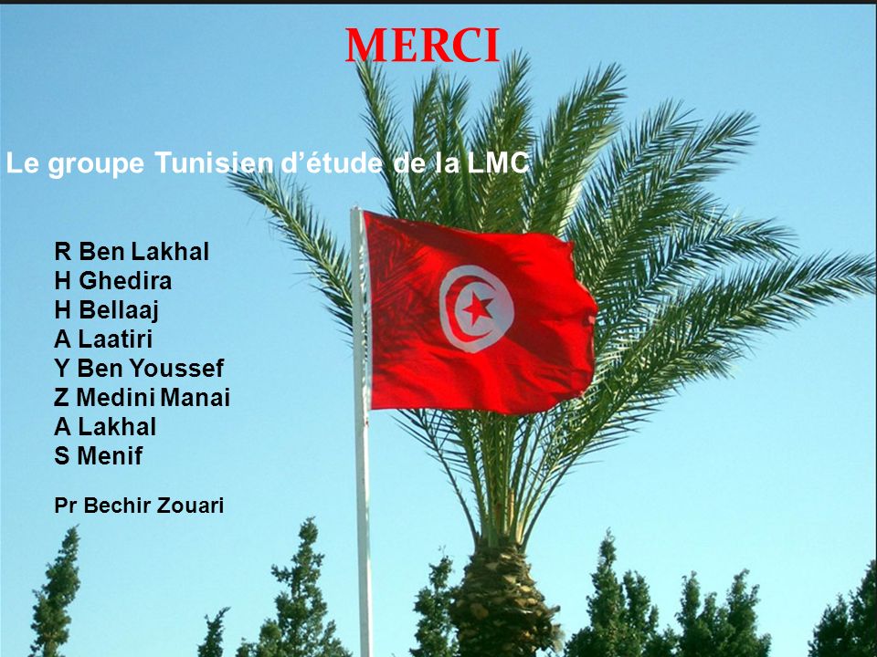 R Ben Lakhal H Ghedira H Bellaaj A Laatiri Y Ben Youssef Z Medini Manai A Lakhal S Menif MERCI Le groupe Tunisien d’étude de la LMC Pr Bechir Zouari