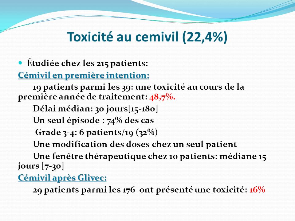 Toxicité au cemivil (22,4%) Étudiée chez les 215 patients: Cémivil en première intention: 19 patients parmi les 39: une toxicité au cours de la première année de traitement: 48,7%.