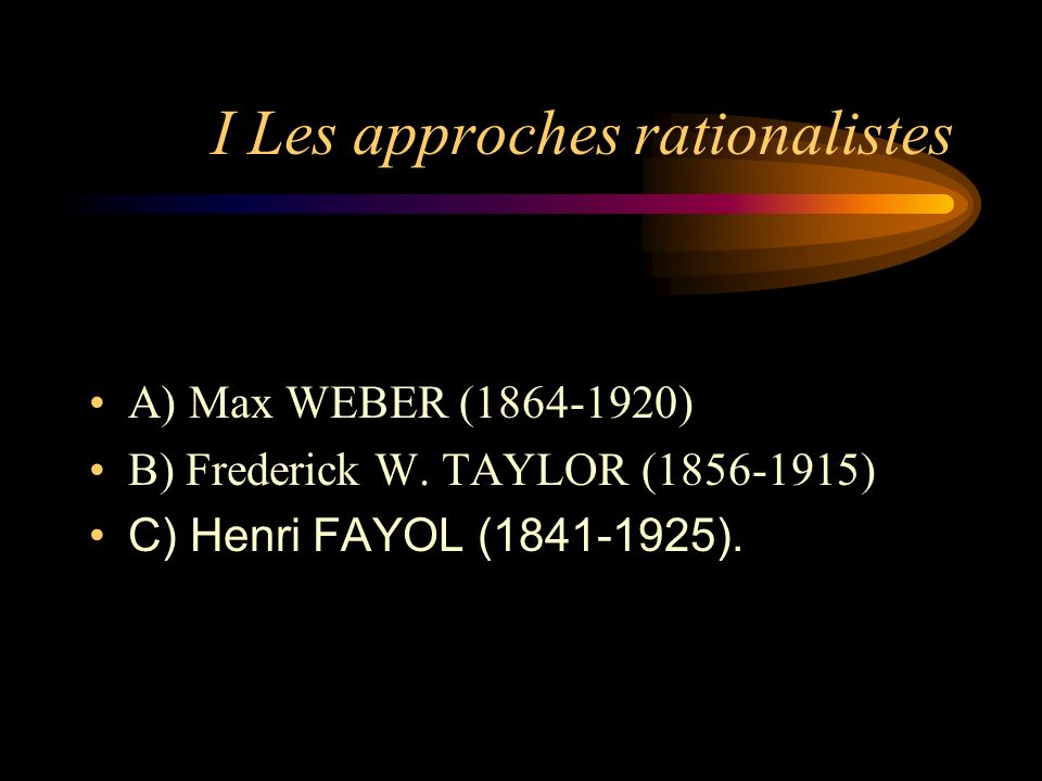 I Les approches rationalistes A) Max WEBER ( ) B) Frederick W.