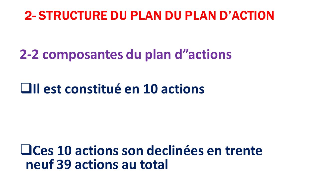 2- STRUCTURE DU PLAN DU PLAN D’ACTION 2-2 composantes du plan d actions  Il est constitué en 10 actions  Ces 10 actions son declinées en trente neuf 39 actions au total